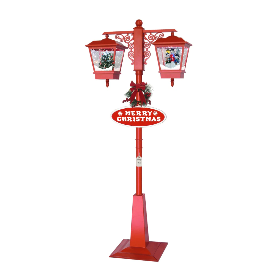Red Christmas Lamp Post with Dual Lanterns & Snow Scene Luxury Casa