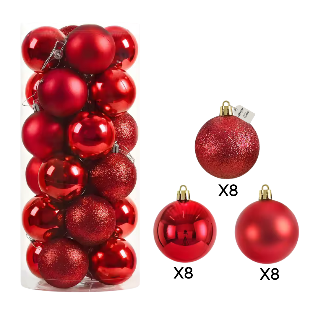 Christmas Baubles Ornaments Set – 24 pcs (8 cm, Glitter, Glossy & Matte Christmas Tree Decorations) Luxury Casa