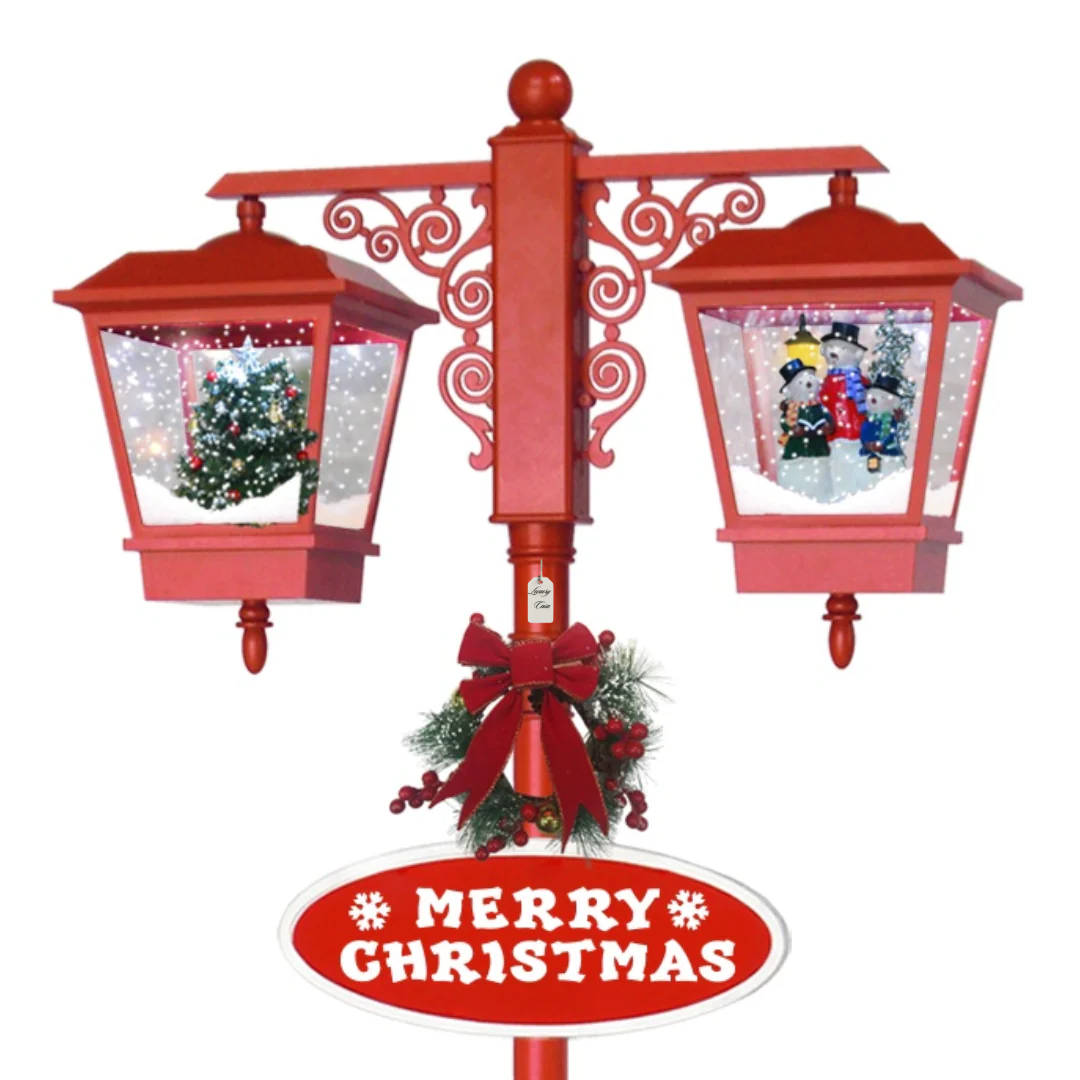 Red Christmas Lamp Post with Dual Lanterns & Snow Scene Luxury Casa