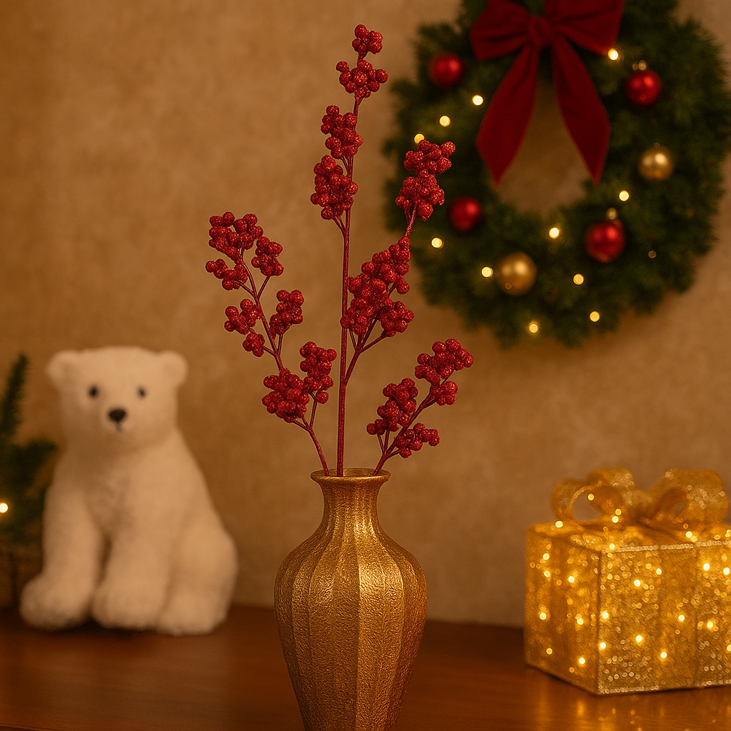 Christmas Red Glitter Berry Stem Decoration Luxury Casa