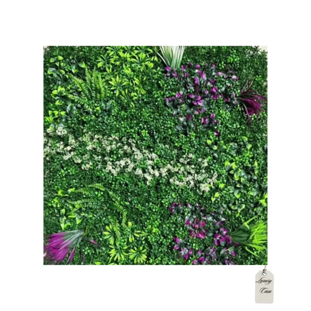 Artificial Designer Green Wall Panel with Purple & White Flowers 100x100 cm Luxury Casa