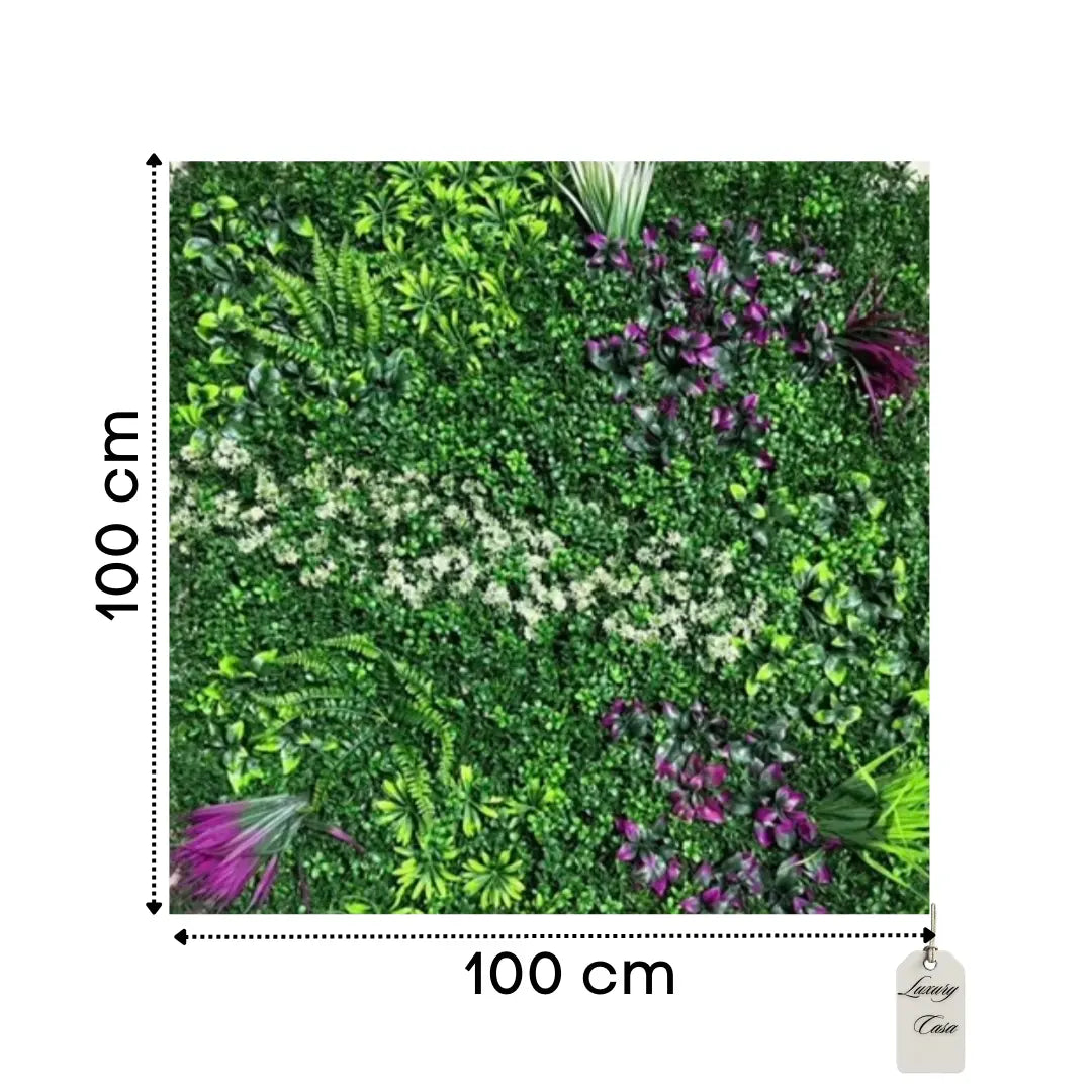 Artificial Designer Green Wall Panel with Purple & White Flowers 100x100 cm Luxury Casa