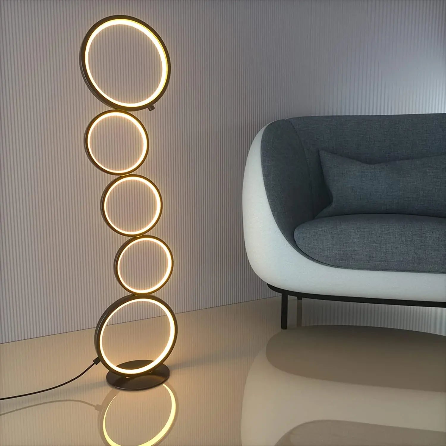Black LED Floor Lamp 5-Ring Novelty Dimmable Standing Lamp Luxury Casa