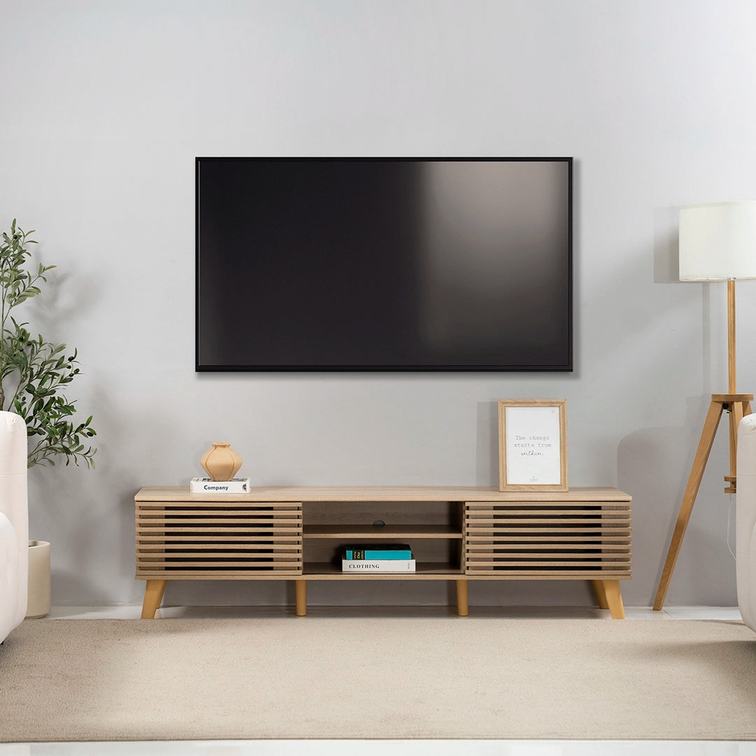 Oak Wooden TV Unit with Slatted Doors Luxury Casa