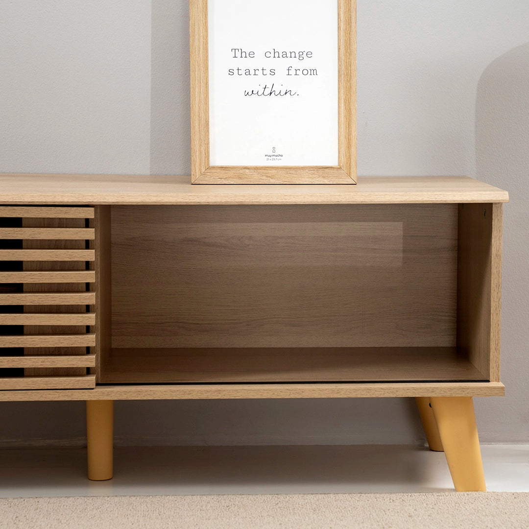 Oak Wooden TV Unit with Slatted Doors Luxury Casa