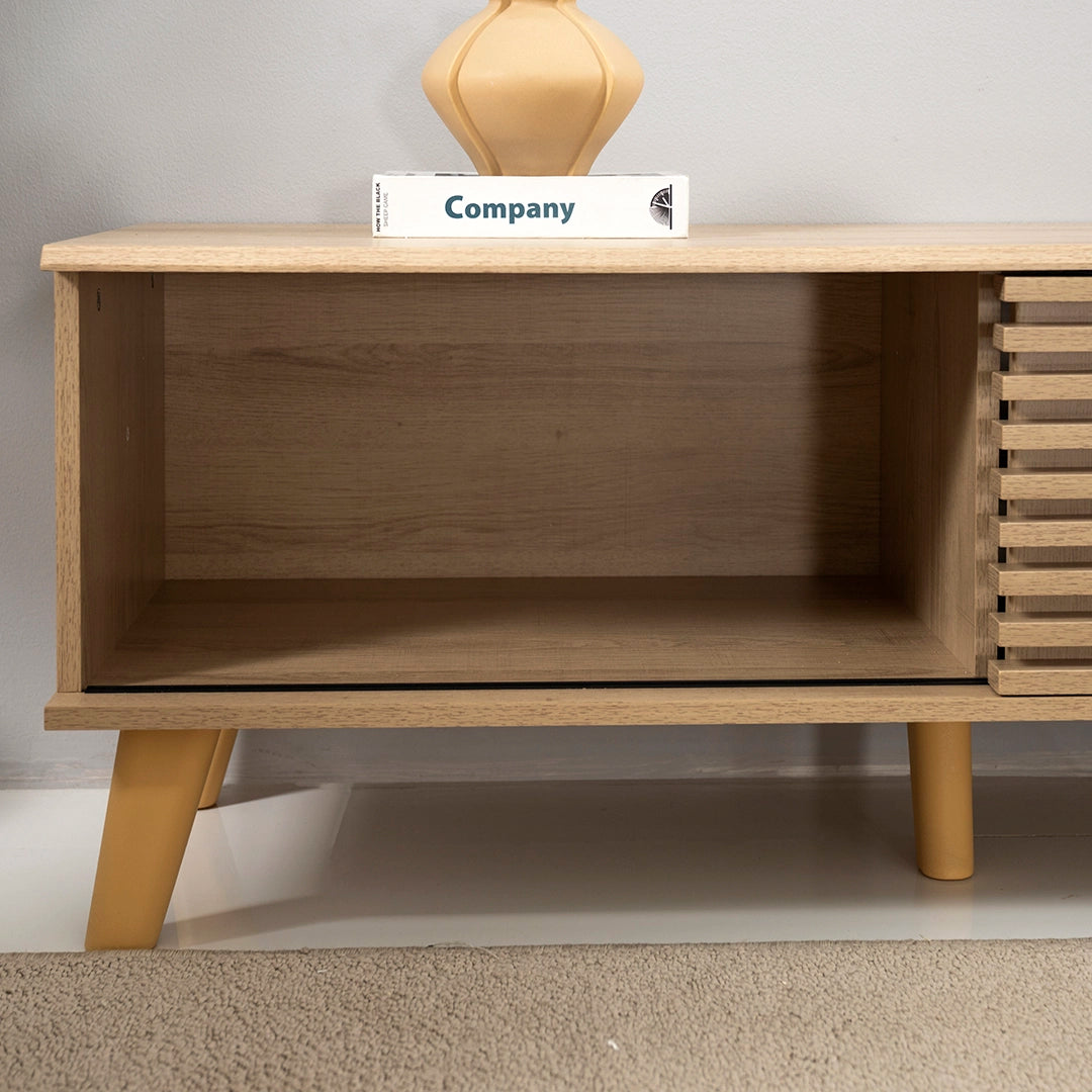 Oak Wooden TV Unit with Slatted Doors Luxury Casa