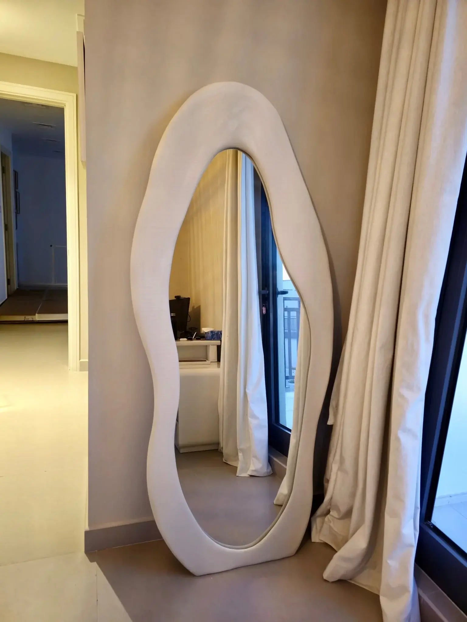 Unique Shape Offwhite Velvet Frame Mirror Luxury Casa