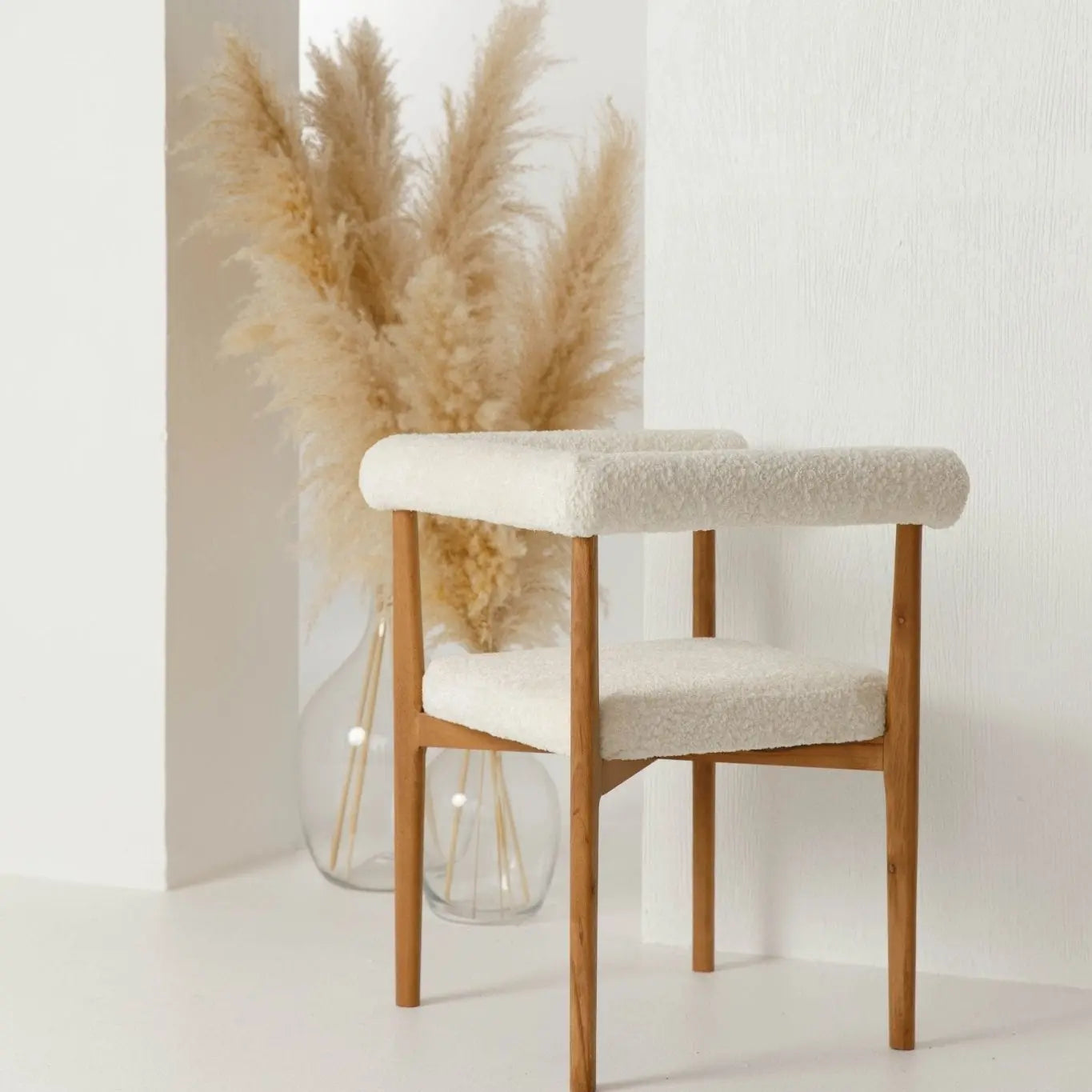 White Boucle Dining Wood Arm Chair Luxury Casa