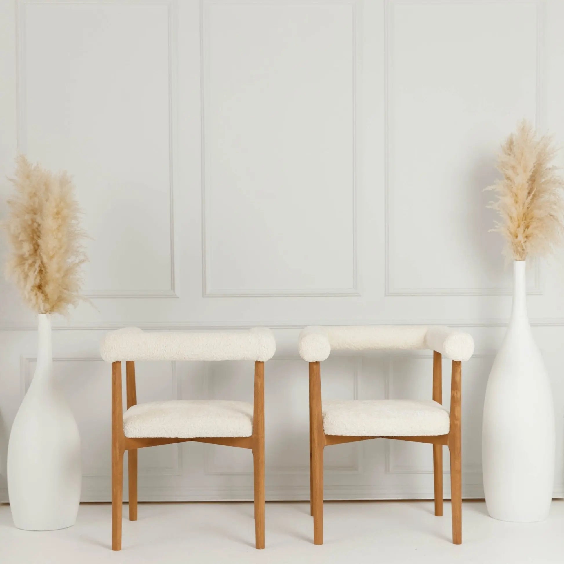 White Boucle Dining Wood Arm Chair Luxury Casa