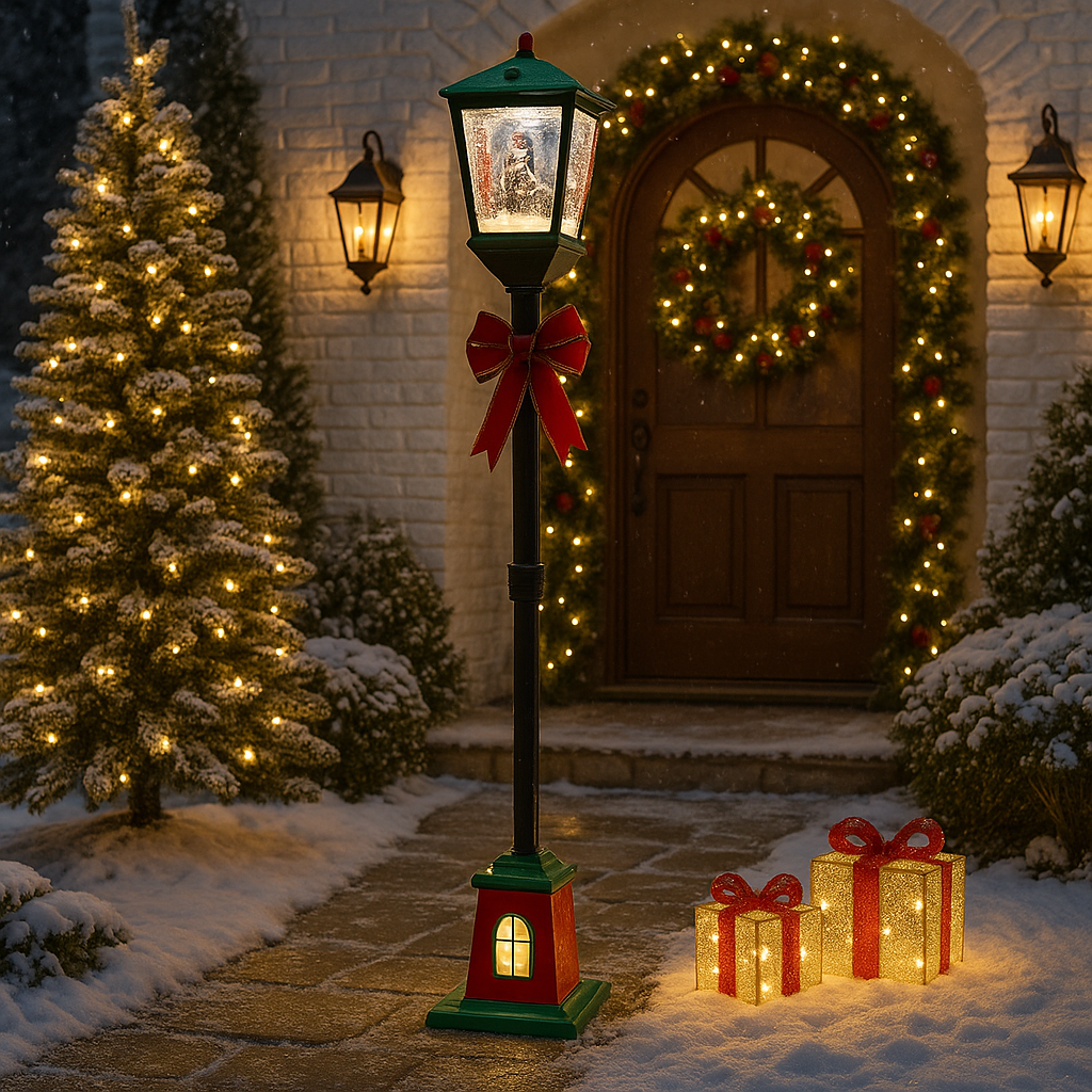 Christmas Musical Green & Black Lamp Post with Snowfall Luxury Casa