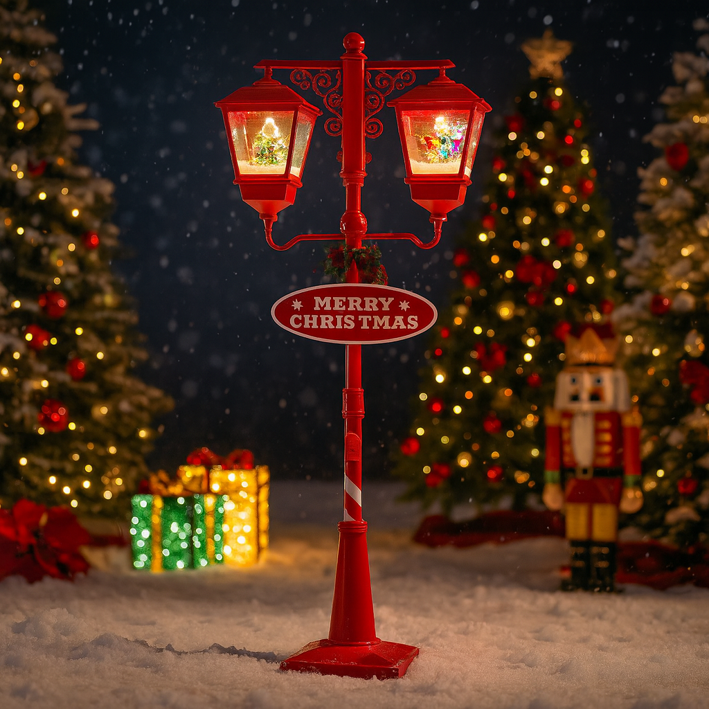 Red Christmas Lamp Post with Dual Lanterns & Snow Scene Luxury Casa