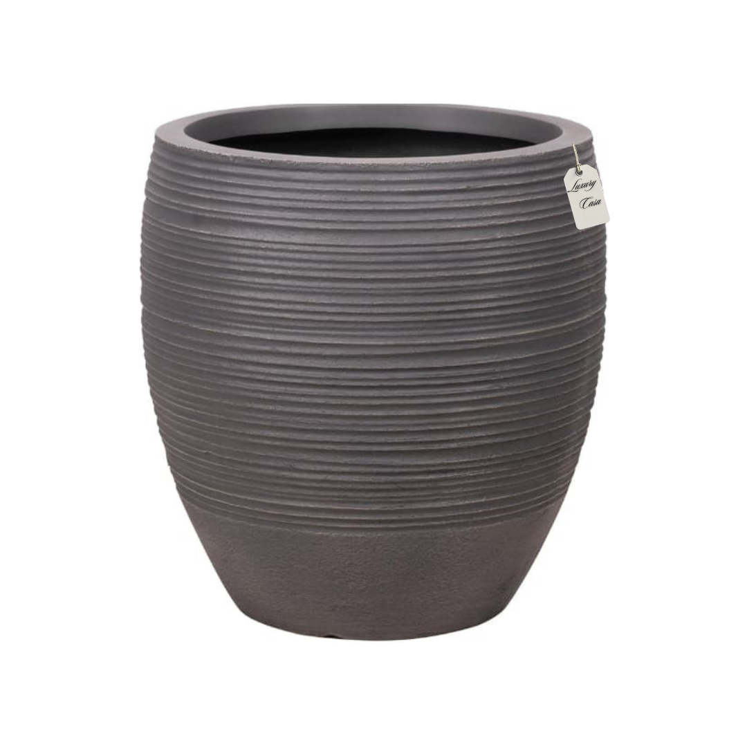 Dark Ribbed Round Planter – Modern Decorative Pot - Medium Luxury Casa