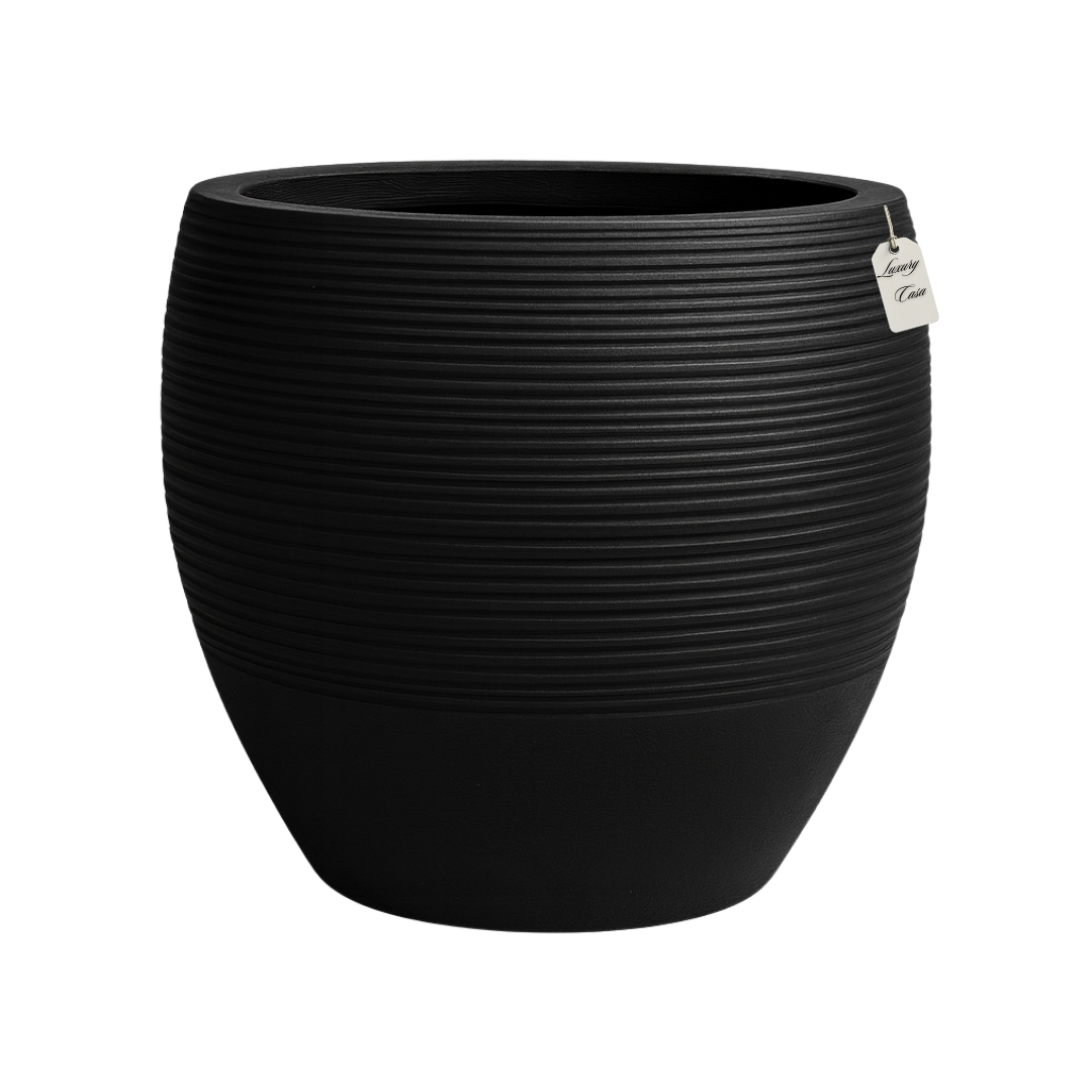Dark Ribbed Round Planter – Modern Decorative Pot - Medium Luxury Casa