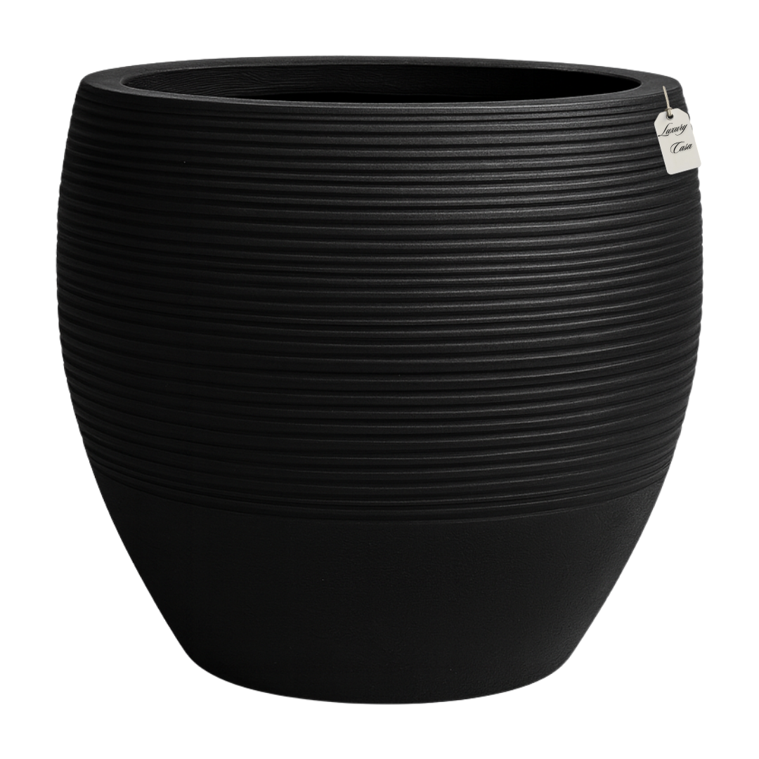 Dark Ribbed Round Planter – Modern Decorative Pot - Large Luxury Casa