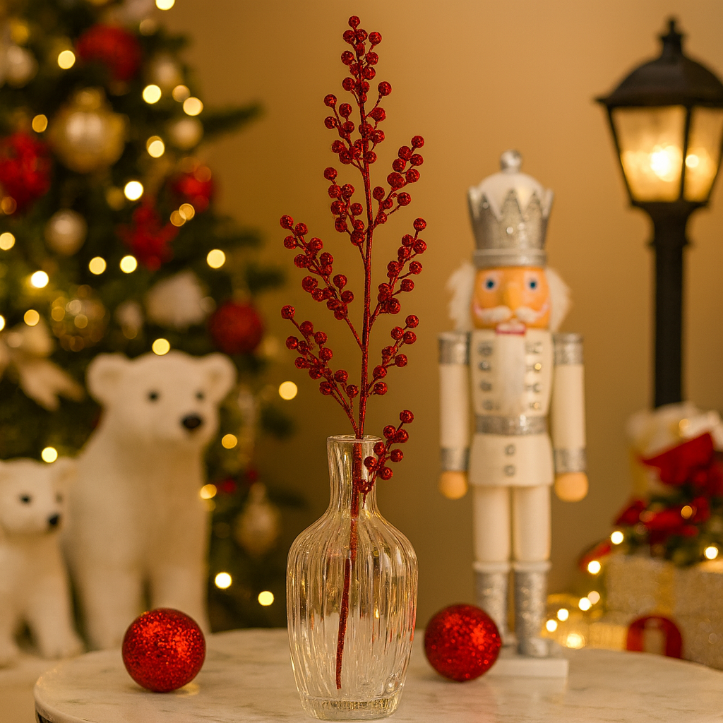 Christmas Long Red Glitter Berry Stem Decoration Luxury Casa