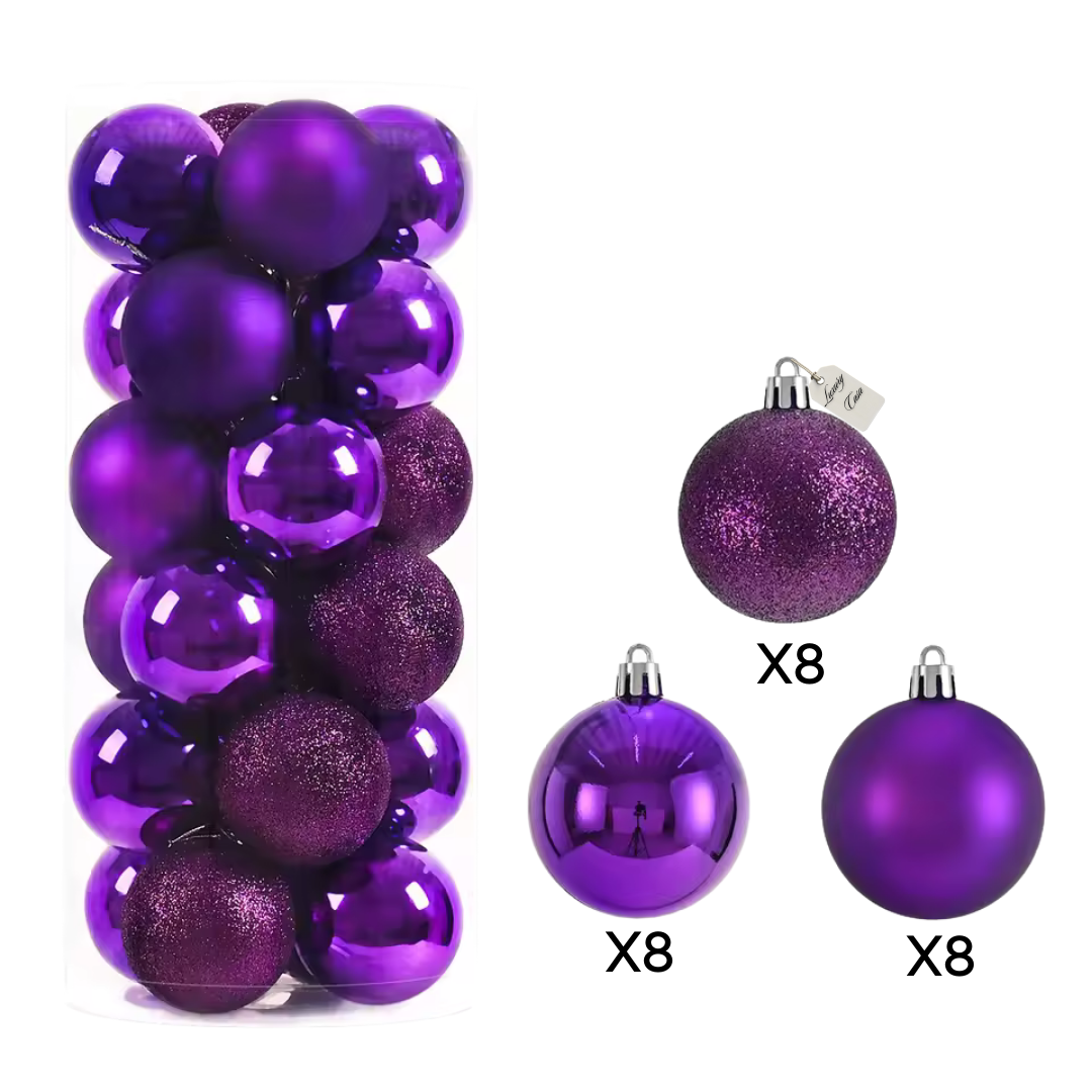 Christmas Baubles Ornaments Set – 24 pcs (8 cm, Glitter, Glossy & Matte Christmas Tree Decorations) Luxury Casa