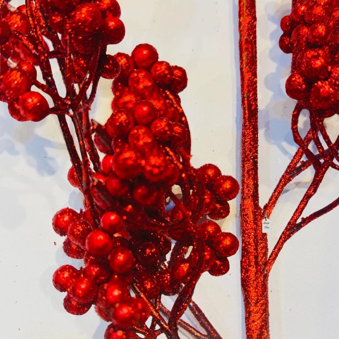 Christmas Red Glitter Berry Stem Decoration Luxury Casa