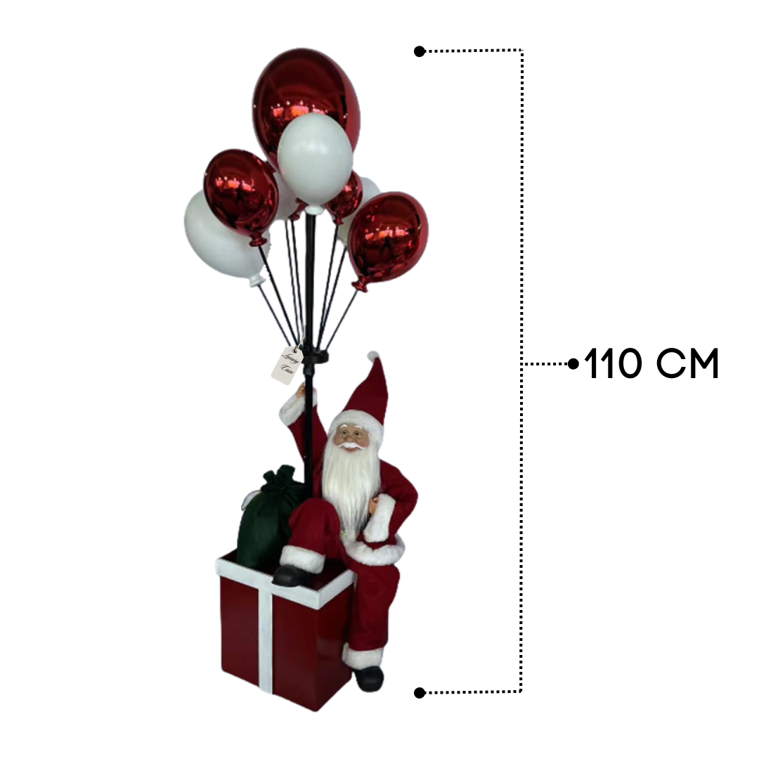 Santa Sitting on Gift Box with Balloons – Christmas Decoration Luxury Casa