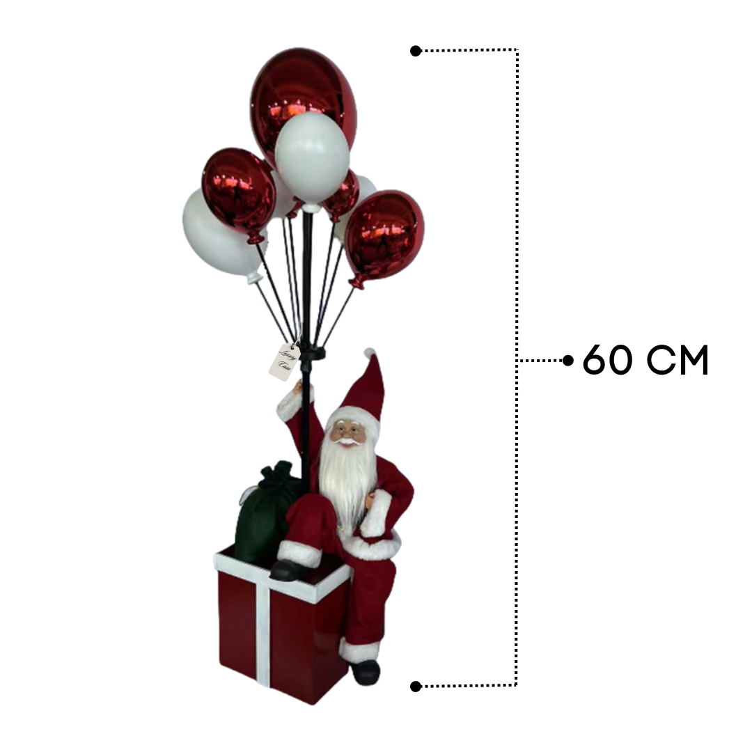 Santa Sitting on Gift Box with Balloons – Christmas Decoration Luxury Casa