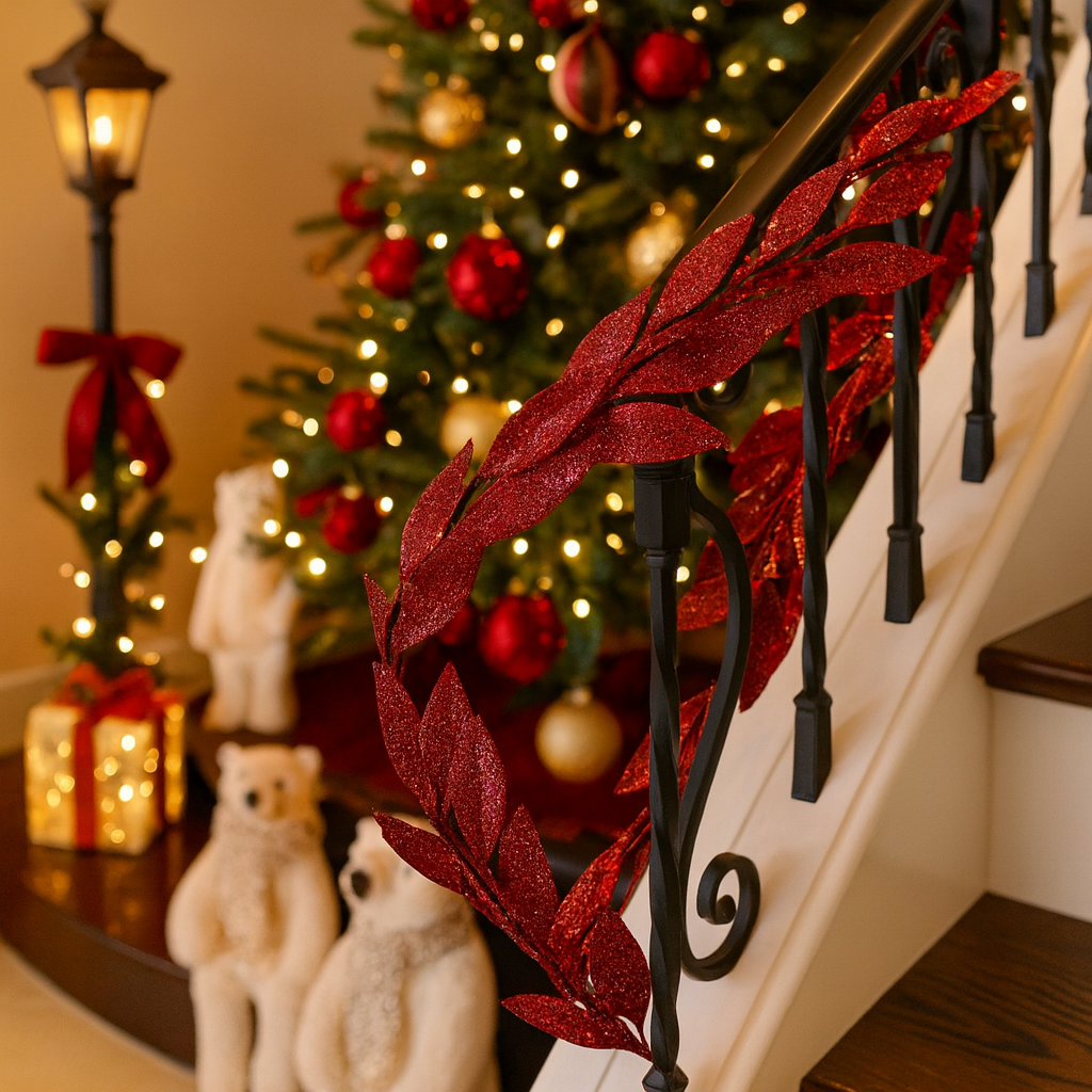 Christmas Red Glitter Leaf Garland Decoration Luxury Casa