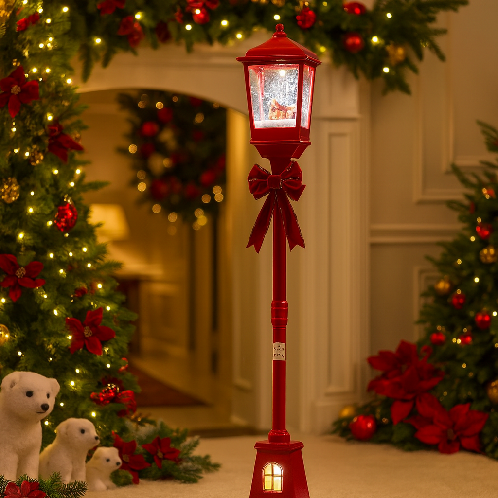 Christmas Musical Tall Red Lamp Post with Snowfall Luxury Casa