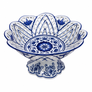 Blue Floral Lattice Pedestal Bowl