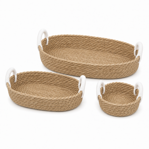 3-Piece Natural Seagrass Storage Tray Basket Set with White Rope Handles