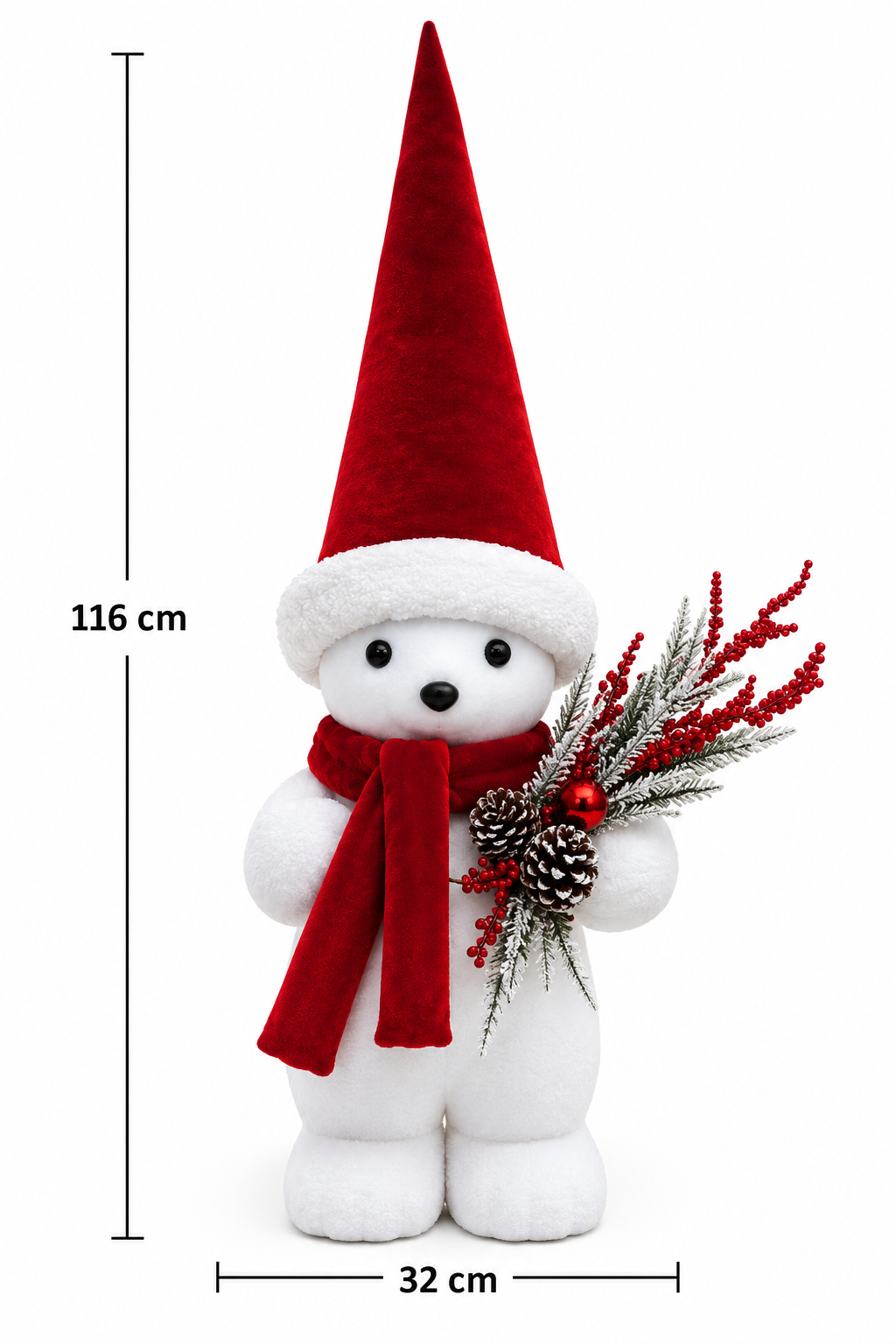 Christmas Snow Figure with Red Hat, Scarf & Pinecone Spray – 116 cm