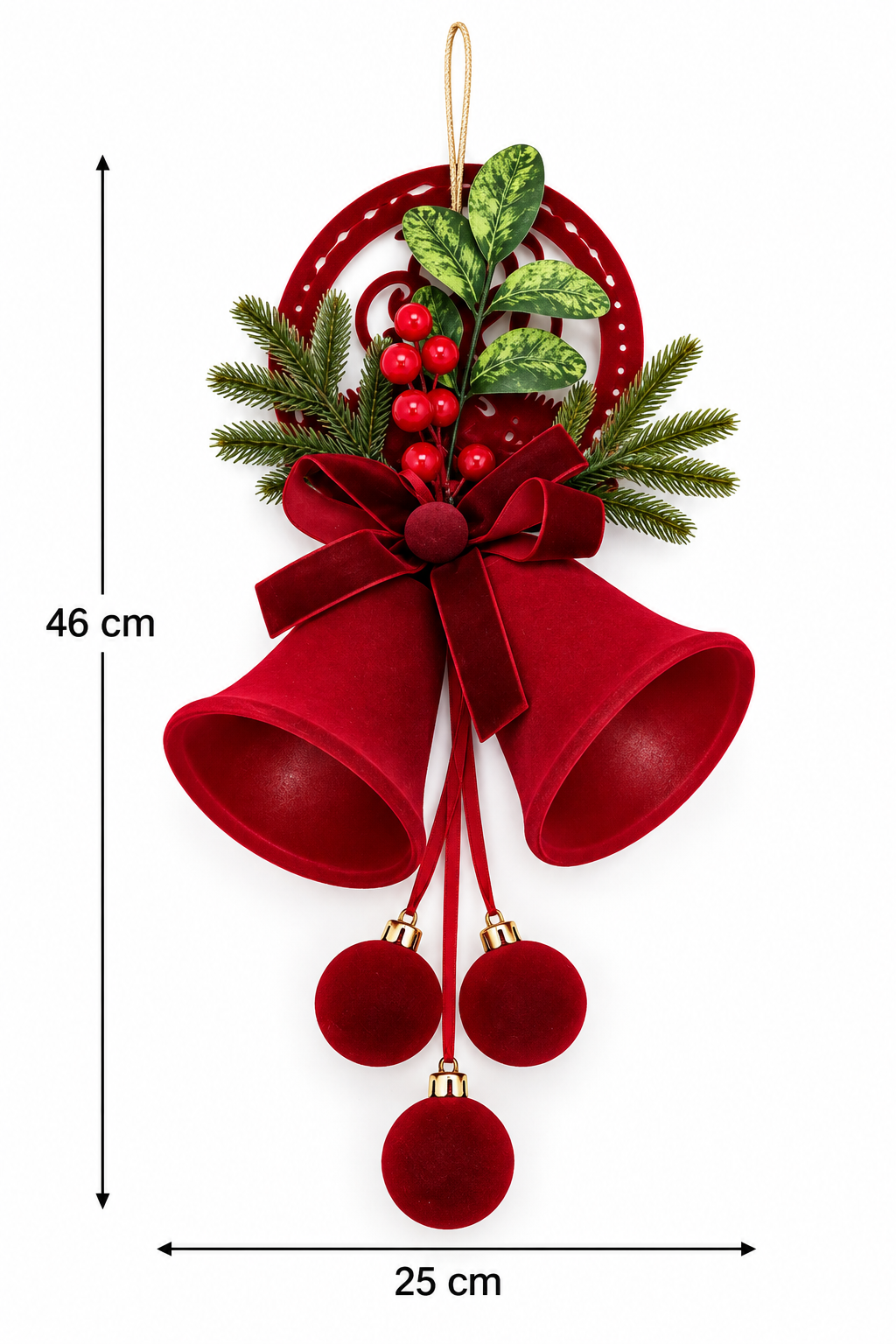 Luxury Burgundy Velvet Christmas Bells Hanging Decoration – 25 × 46 cm