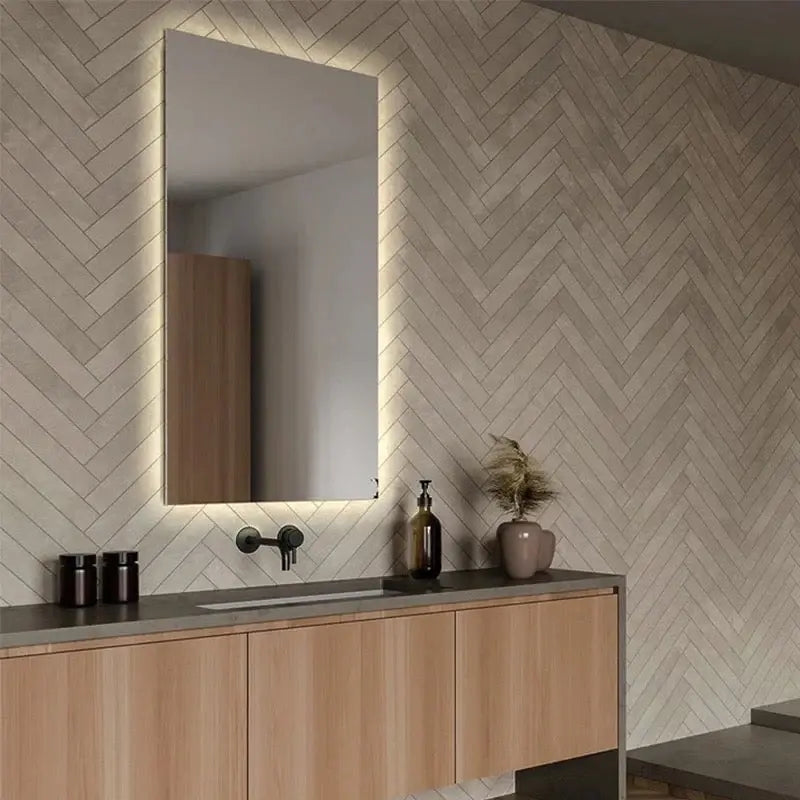 Frameless Rectangular Shape Wall Mirror With Backside LED Light Luxury Casa