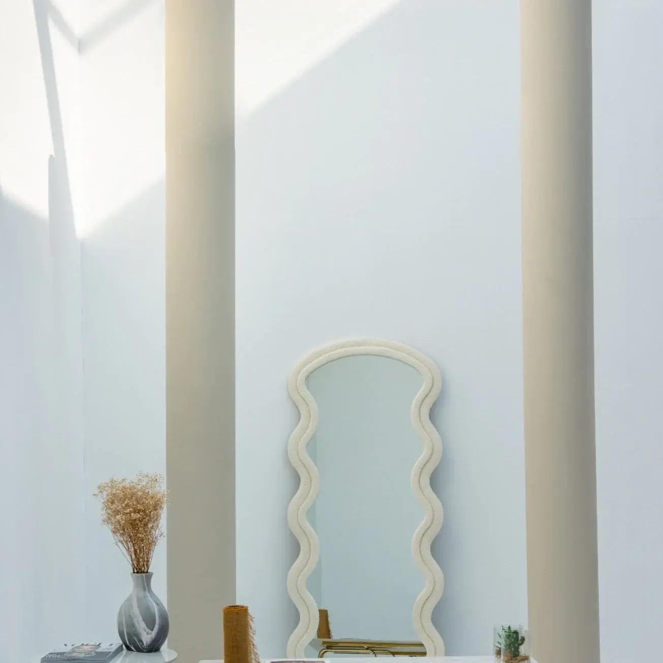 Wavy Shape And Velvet Textured Frame Mirror Luxury Casa