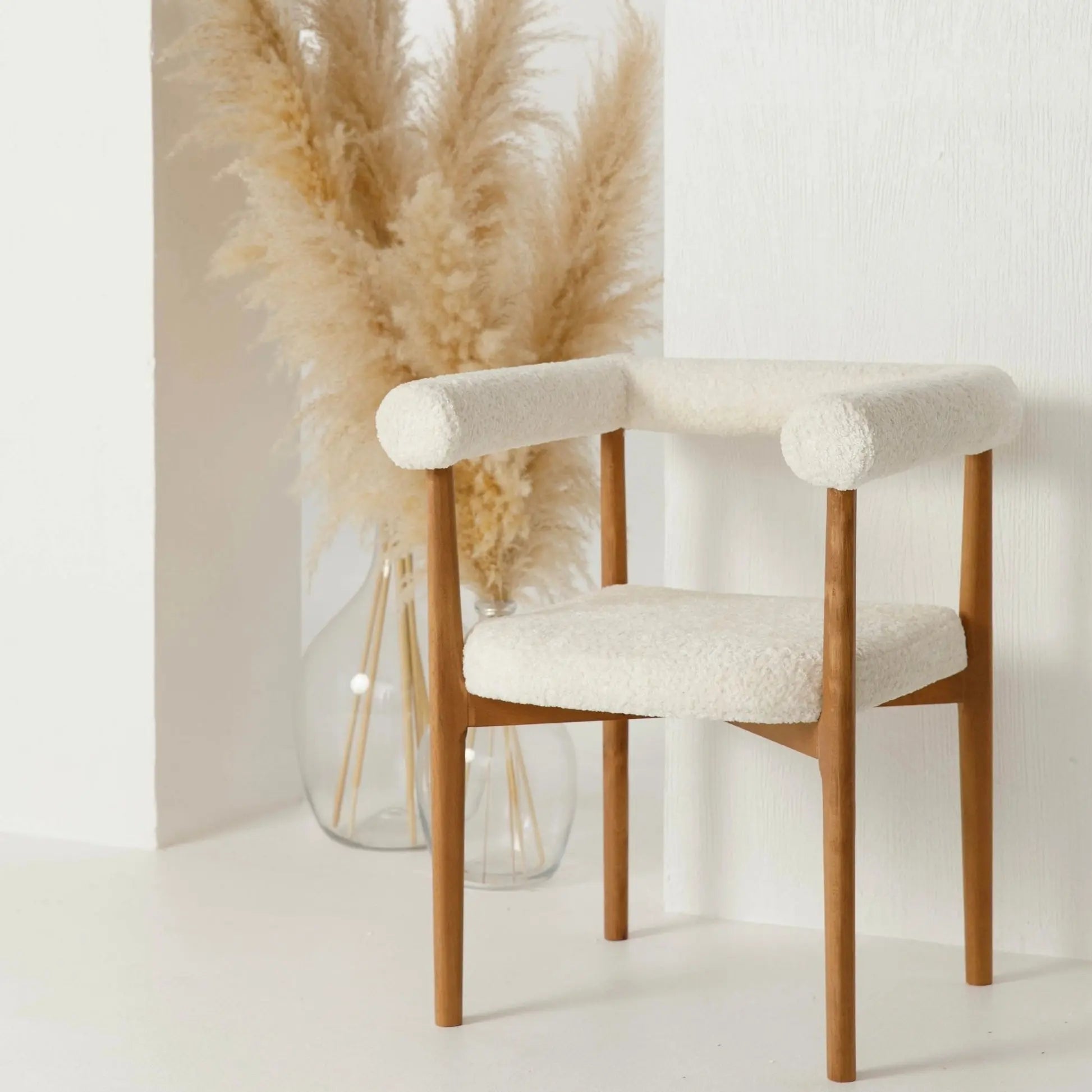 White Boucle Dining Wood Arm Chair Luxury Casa