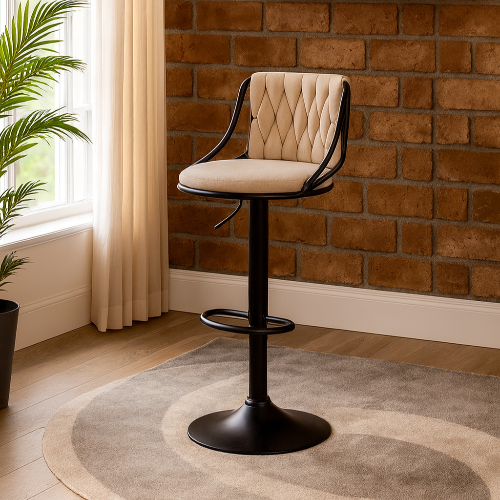 Beige Velvet Bar Stool with Black Base Luxury Casa