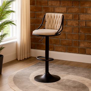 Beige Velvet Bar Stool with Black Base
