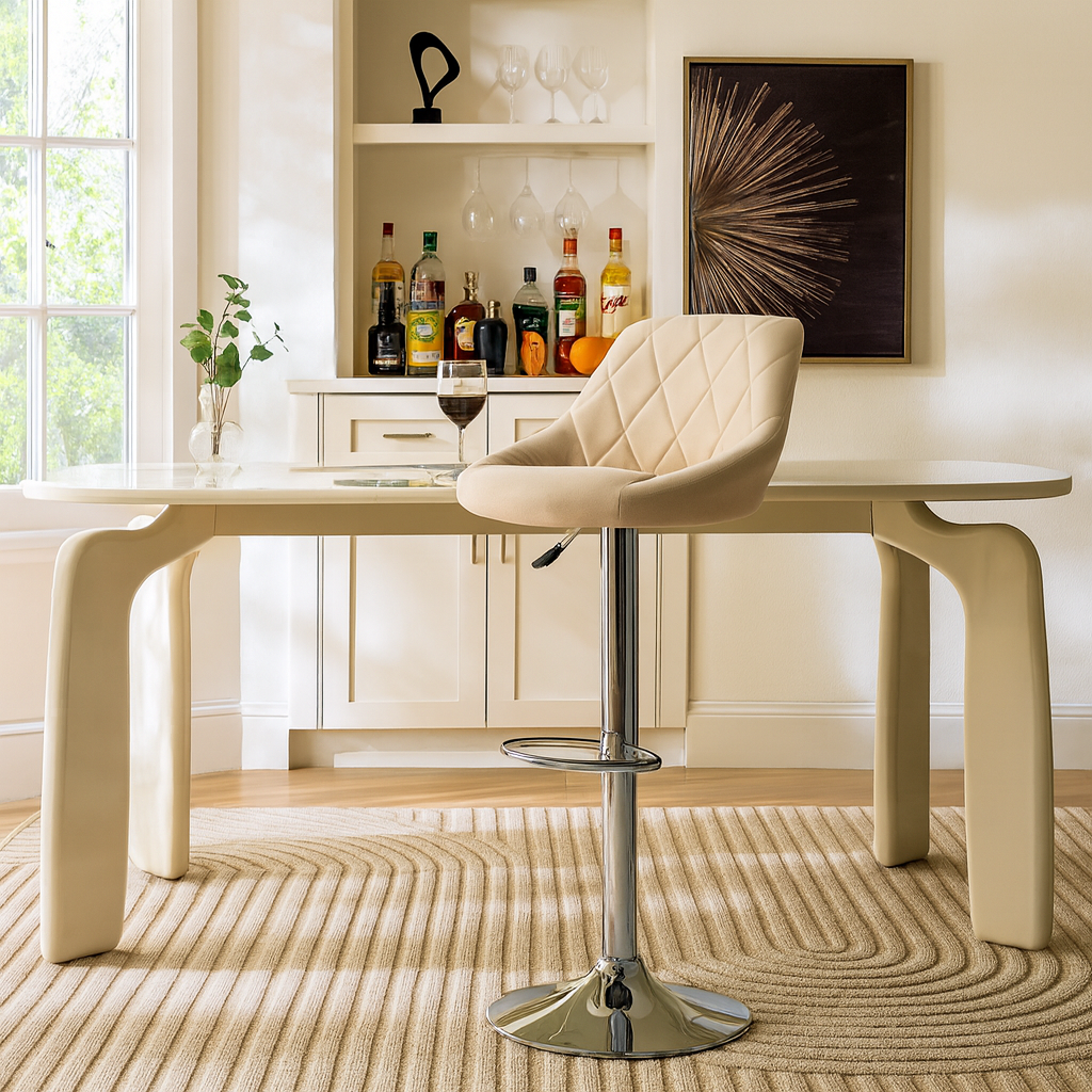Beige Velvet Bar Stool with Chrome Base Luxury Casa