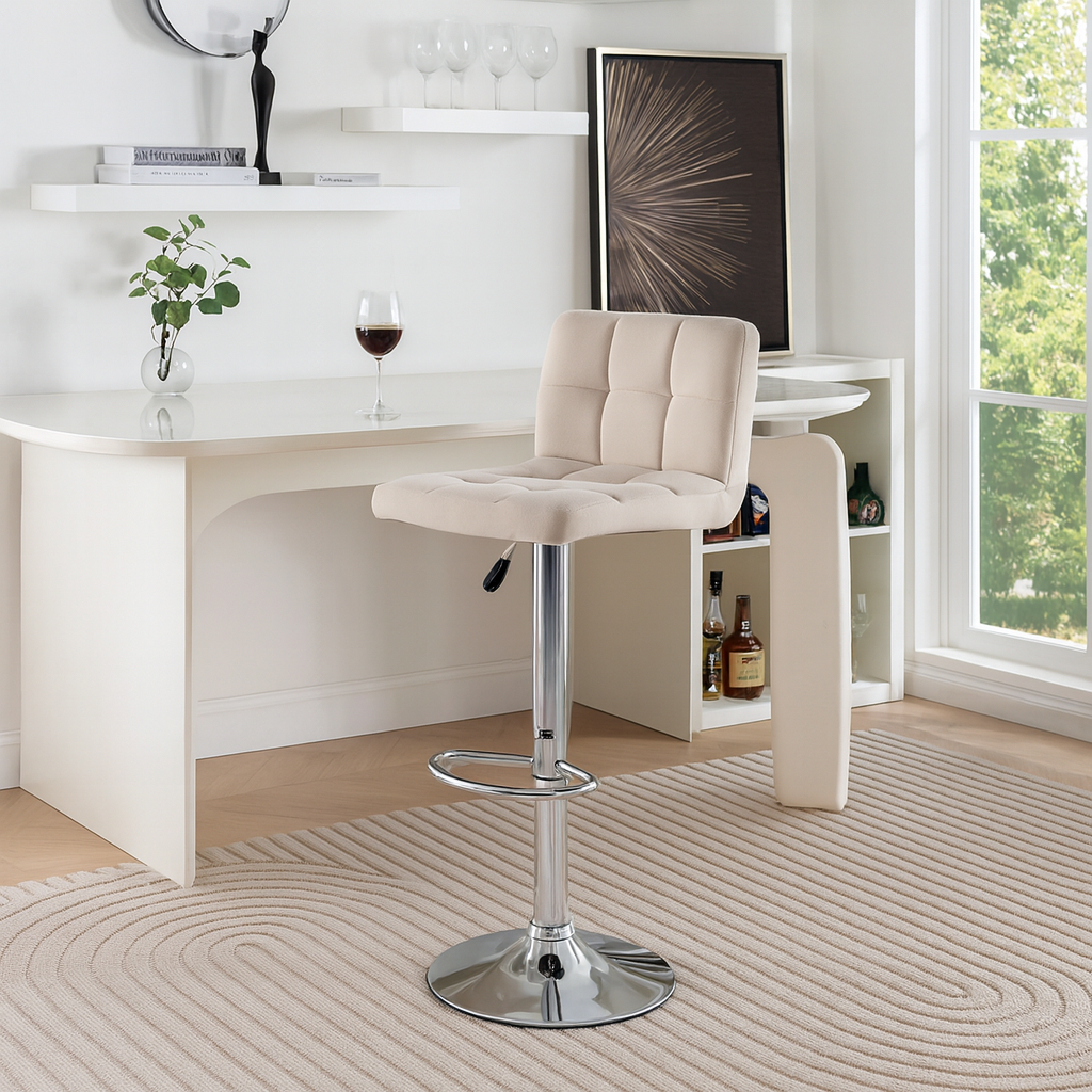 Beige Velvet Bar Stool with Chrome Base Luxury Casa