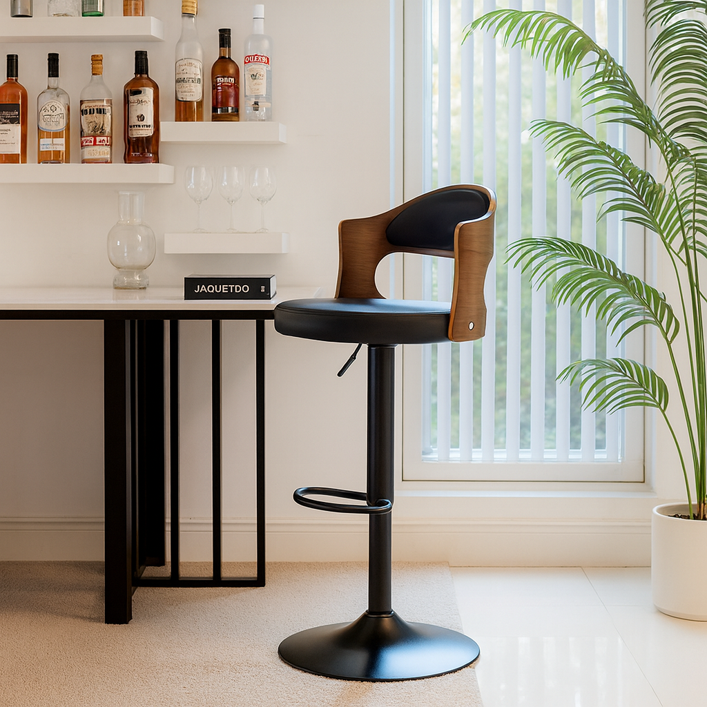 Black Leather Bar Stool with Walnut Wood Backrest Luxury Casa