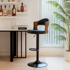 Black Leather Bar Stool with Walnut Wood Backrest Luxury Casa