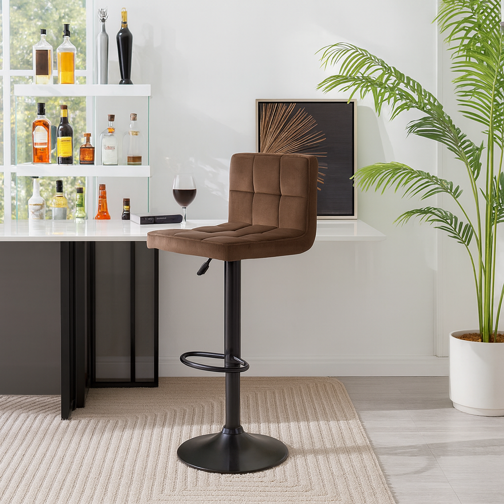 Dark Brown Velvet Bar Stool with Chrome Base Luxury Casa