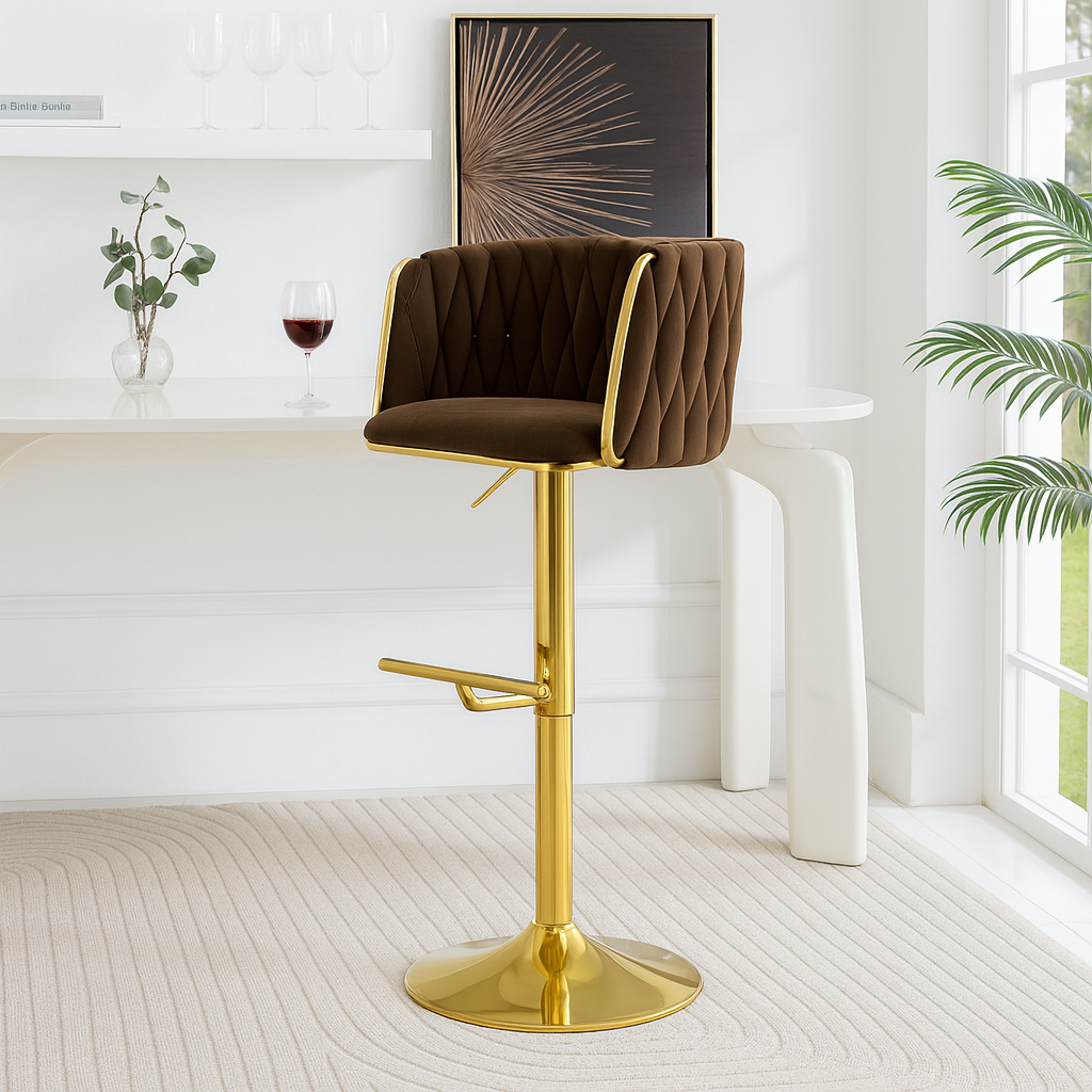 Dark Brown Velvet Bar Stool with Gold Base Luxury Casa