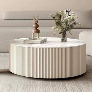 Glam Drum Coffee Table – Round Slate Top with Fluted Base