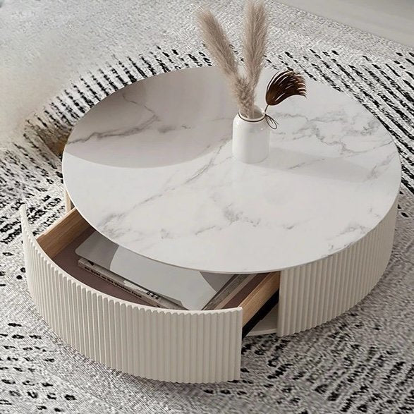 Glam Drum Coffee Table – Round Slate Top with Fluted Base Luxury Casa