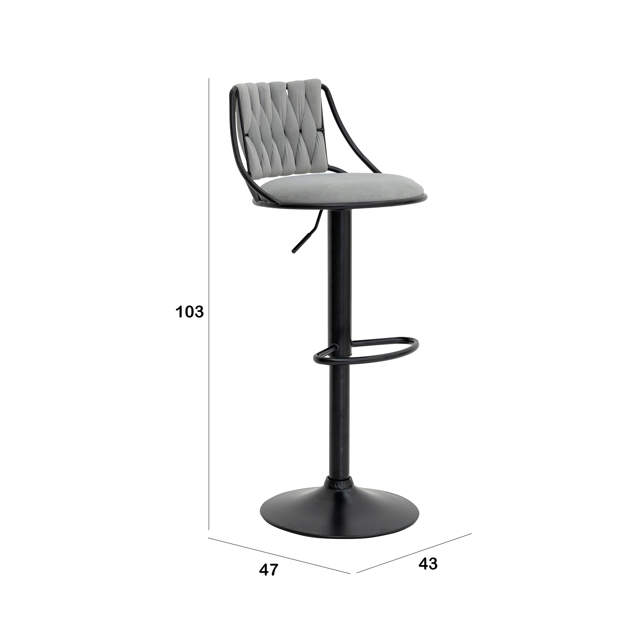 Grey Velvet Bar Stool with Black Base Luxury Casa