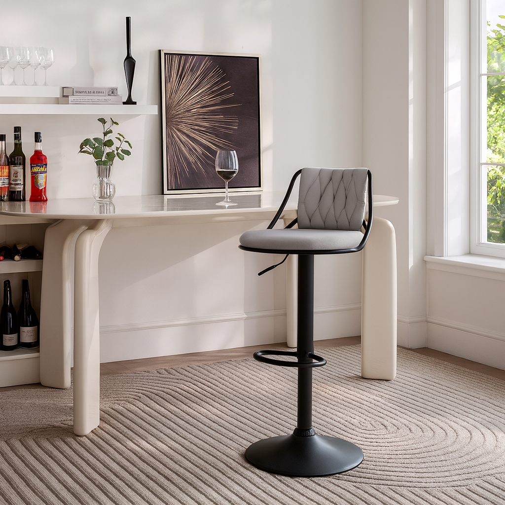 Grey Velvet Bar Stool with Black Base Luxury Casa