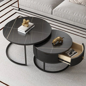 ROI Black Coffee Table Set – Marble Top with Hidden Drawer Storage