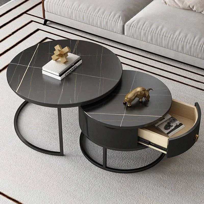 ROI Black Coffee Table Set – Marble Top with Hidden Drawer Storage Luxury Casa
