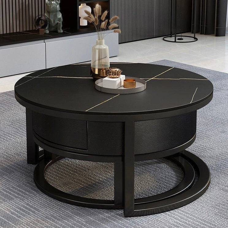 ROI Black Coffee Table Set – Marble Top with Hidden Drawer Storage Luxury Casa